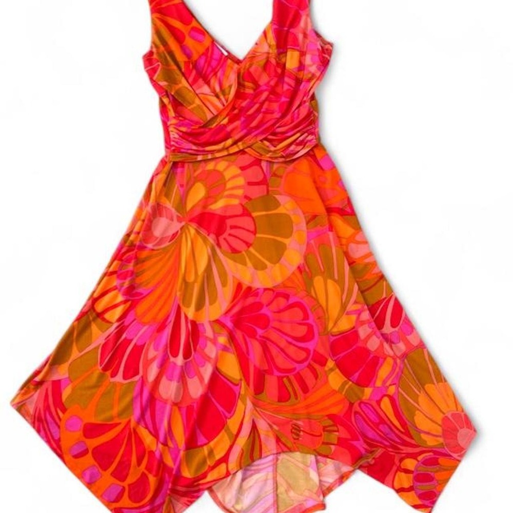 Maggie London Orange and pink abstract floral print midi dress
